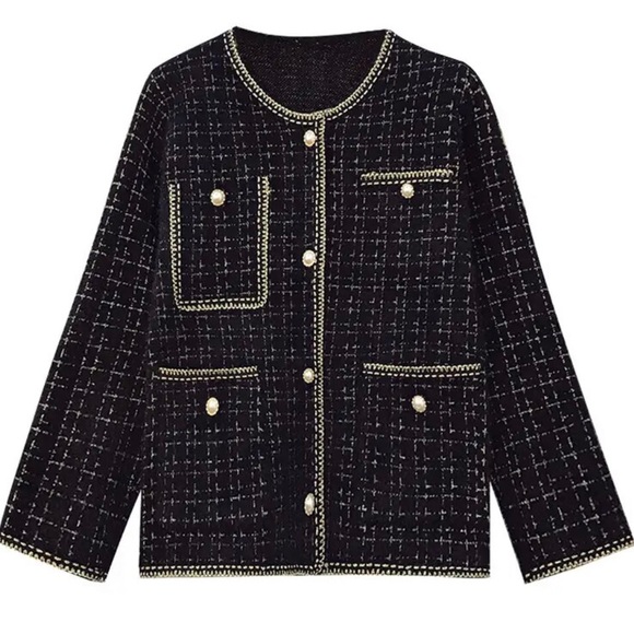Plaid Faux Pearl Button Tweed Jacket/ Knitting Cardigan - Picture 1 of 10